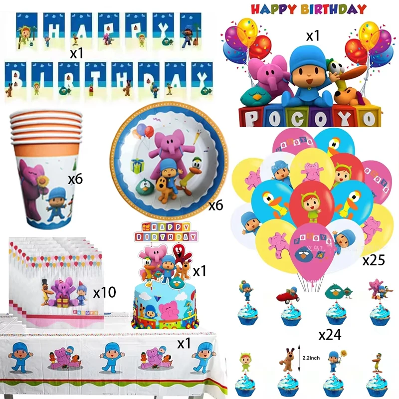 Pocoyo Anime Geburtstagsdekorationen: Ballons, Tischdecke, Kuchenformen, Teller, Hintergrundbanner, Babyparty- und Kindergeschenke