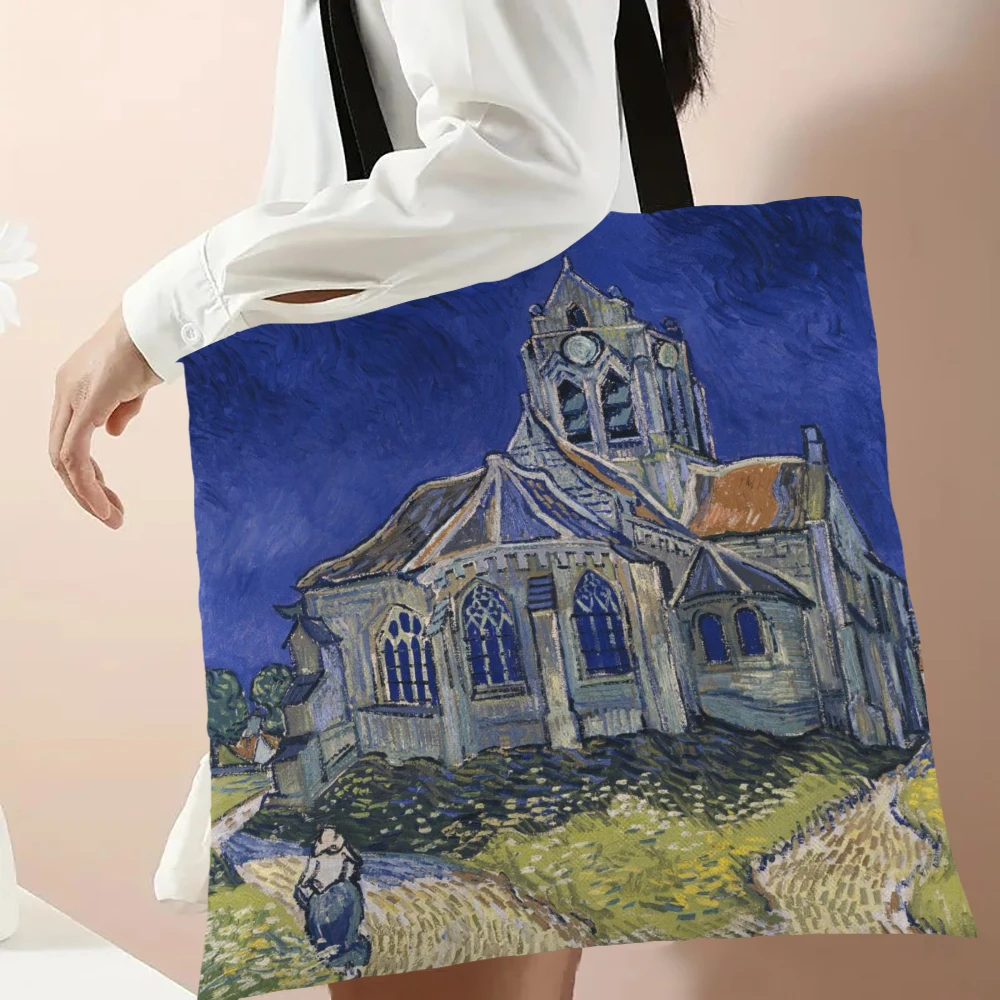 Van Gogh Series Linen Bag Oil Painting Starry Night Flower Handbag Light weight Shoulder Bag High Capacity Eco Shopping Bags