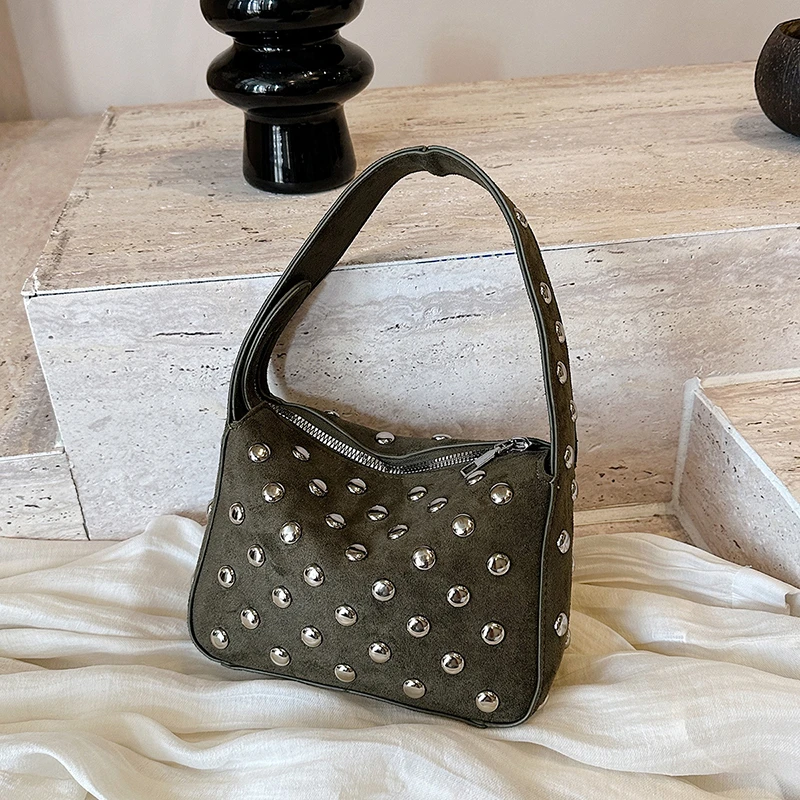 Vintage Suede Studded Underarm Bag Women Retro Metal Rivet Hobo Shoulder Bag Fashion Casual Y2K Baguette Handbag Daily Purse