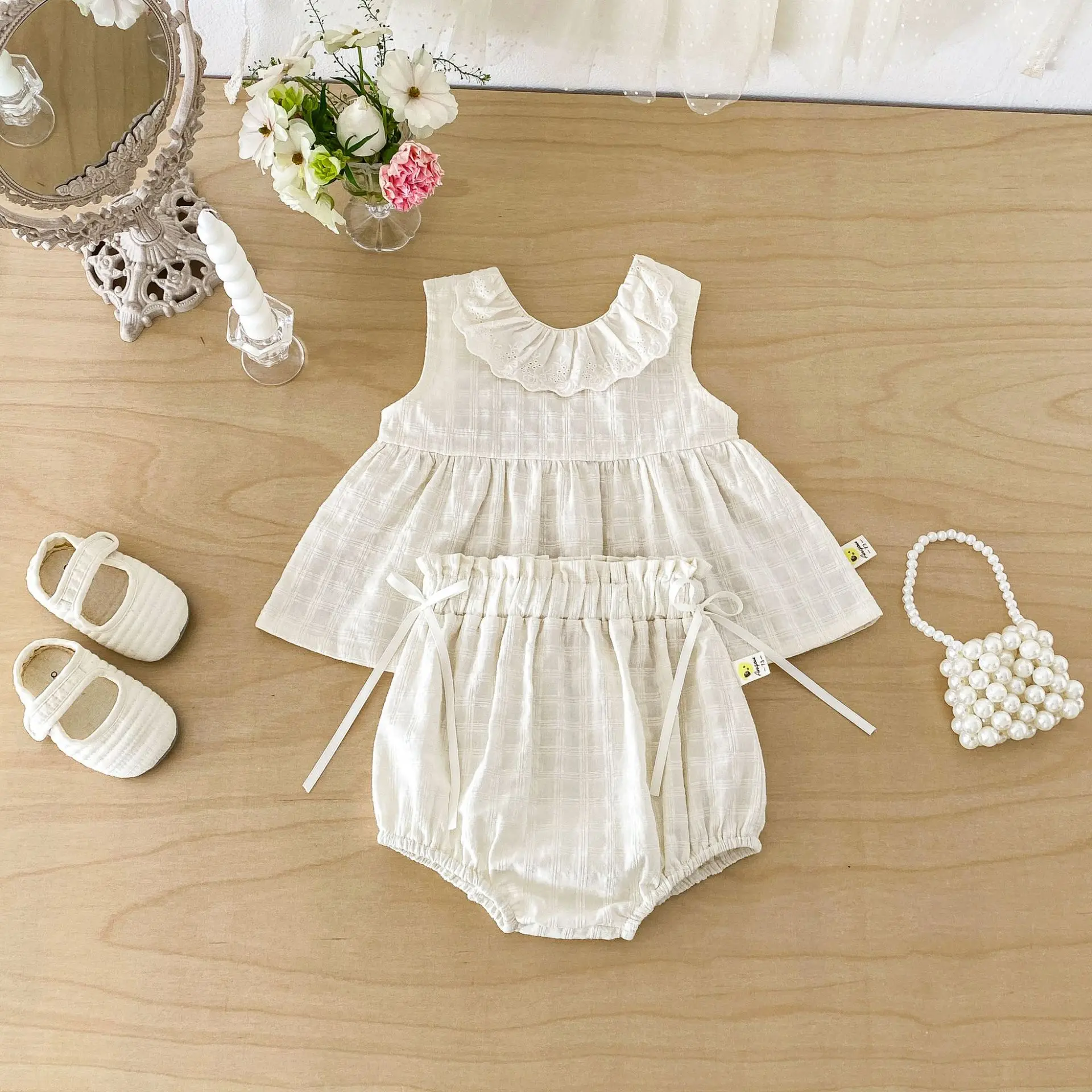 2026 Summer New Baby Sleeveless Clothes Set Girls Sweet Lace Collar Vest + Pp Shorts 2pcs Suit Cotton Loose Toddler Outfits