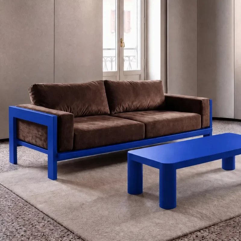Bauhaus Geometric Solid Wood Frame Double Sofa Medieval Minimalist Style Klein Blue Living Room Couch