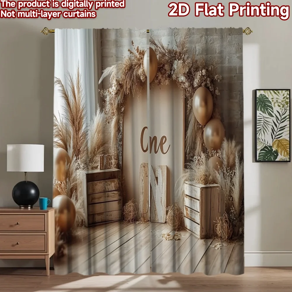 2D flat 2pcs Curtain Modern Minimalist Style Birthday Boho One Balloons Digitally printed polyester, colorfast Holiday