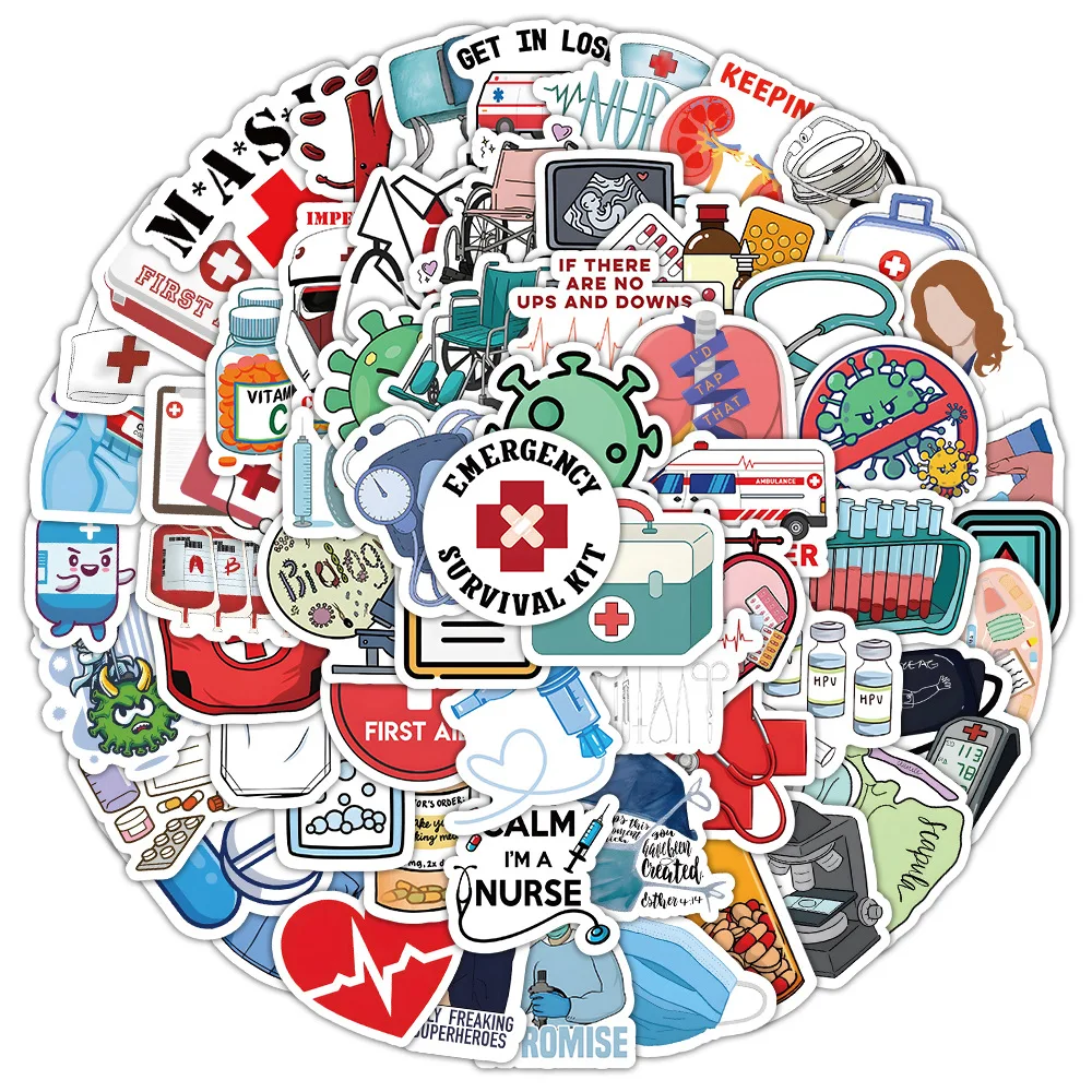 50/100Pcs Doctor Stickers Cartoon Medical Vinyl Decal Waterproof Nursing Sticker Pack for Luggage Water Bottle Decor