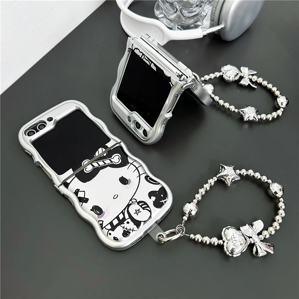 Cute Hello Kitty Kuromi with Bracelet Silver Phone Case for Samsung Galaxy Z Flip 3 4 Z Flip 5 6 5G PC Hard Anti-drop Back Cover