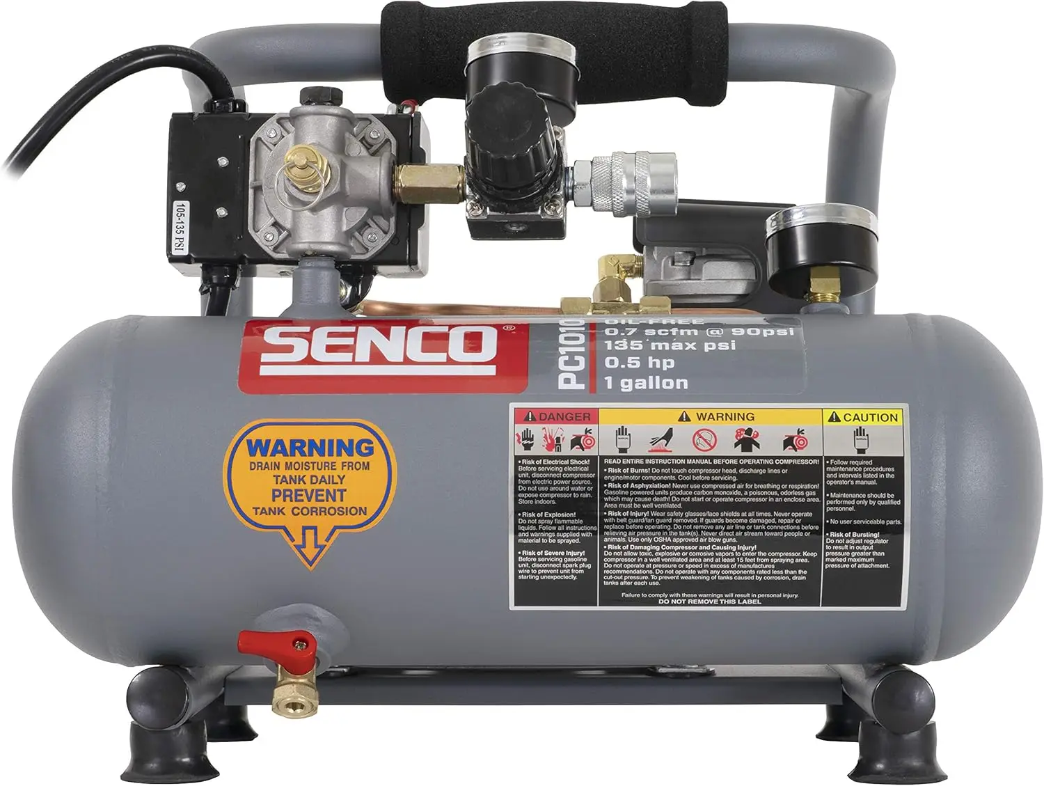 

PC1010 Портативный воздушный компрессор для хот-догов с матовой отделкой и отделкой 1/2 лошадиных сил, 1 галлон, серый/красный