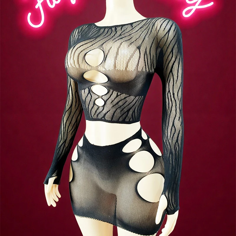 1 Juego de vestido Sexy de rejilla para mujer, mangas largas sin Bikini para festival de música, vestido ajustado ahuecado para vacaciones K252