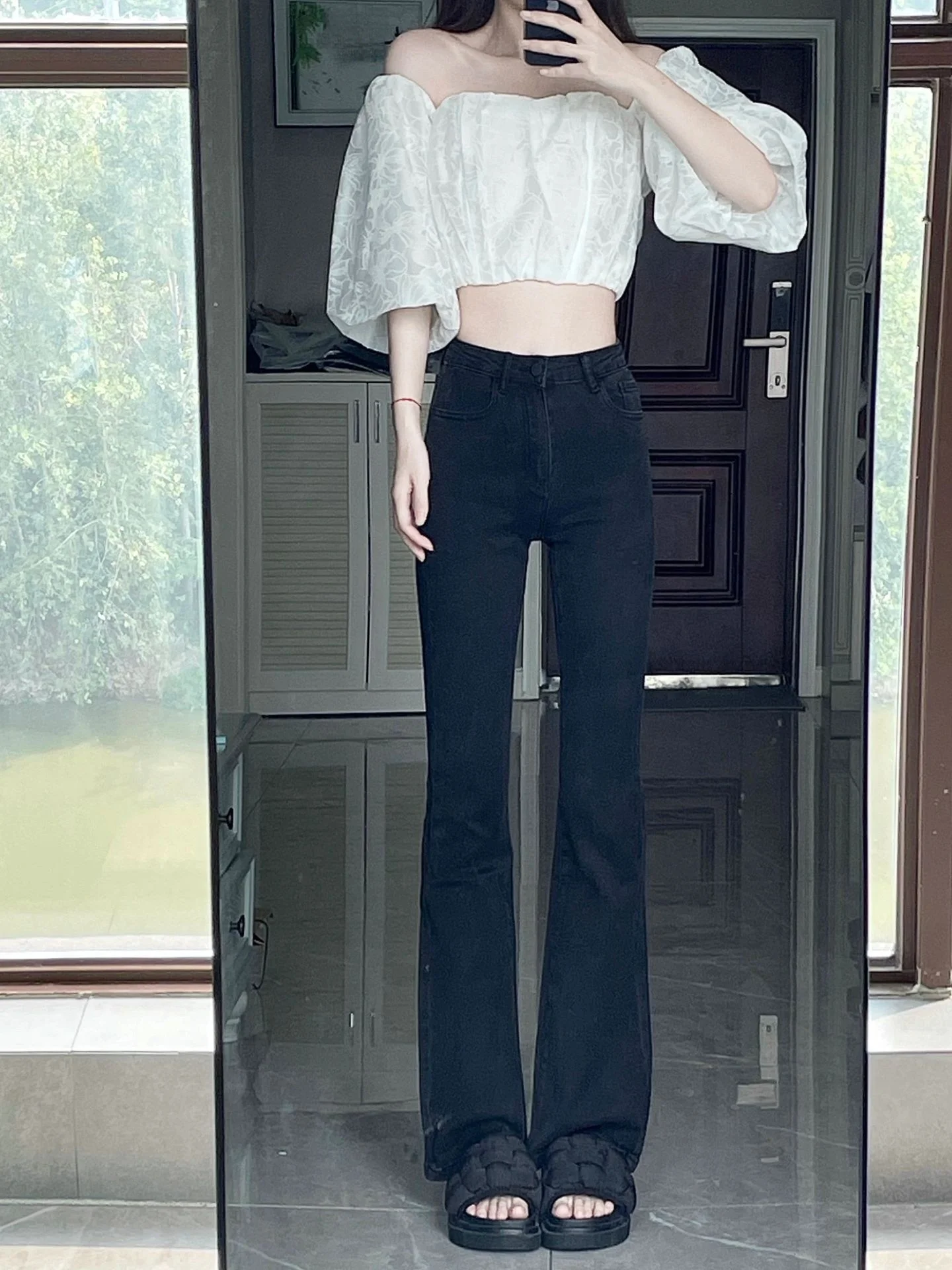 

High Waist Flared Jeans Women's Bla Wide Leg Pants Spring New Sle plus Size Slimming Long Trousers Casual Cotton Denim