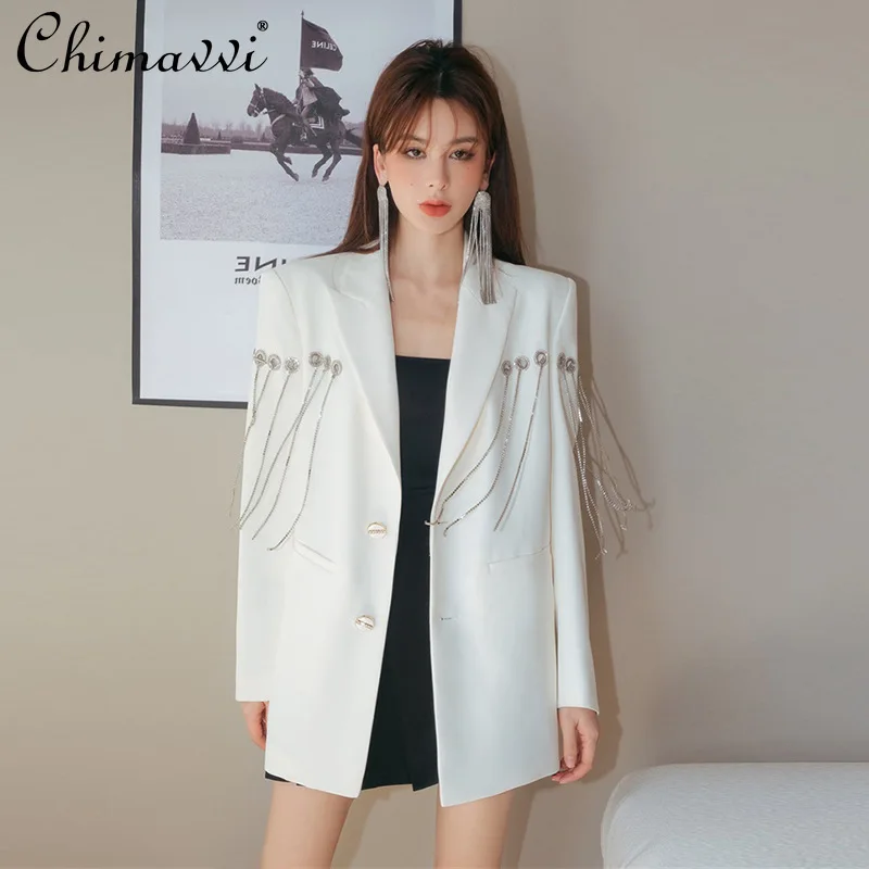 

French Elegant Socialite Heavy Industry Diamond Chain Long Sleeve Single-breasted Slim Jacket Coat White Blazers Women Autumn