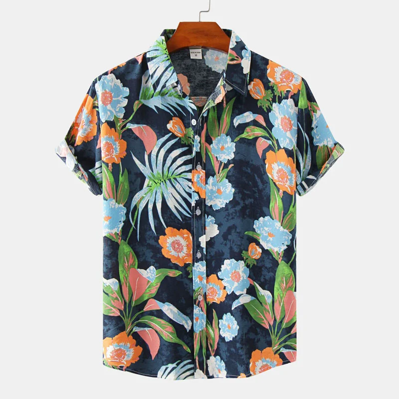 Vintage Flower Hawaiian Shirt Seaside Quick Dry Button Shirts Summer Holiday Casual Lapel Short Sleeve Top Men\'s Clothing