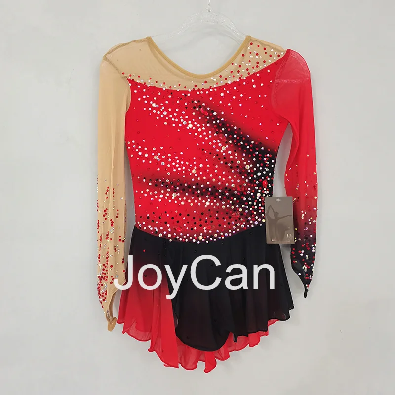 

JoyCan Ice Figure Skating Dress Girls Red Spandex Stretchy Mesh Competition Dance Wear Customized