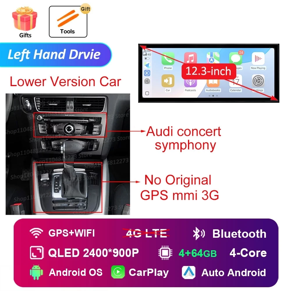 Linkerhand Drvie voor Audi A4 B8 A5 2009-2016 Autoradio Videospeler Android 16 Carplay Navigatie GPS 4G HD Touchscreen