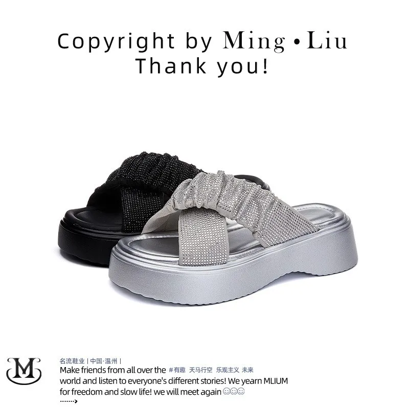 

Шлепанцы женские пляжные со стразами, открытый носок, Повседневная модная обувь на платформе, лето 2024