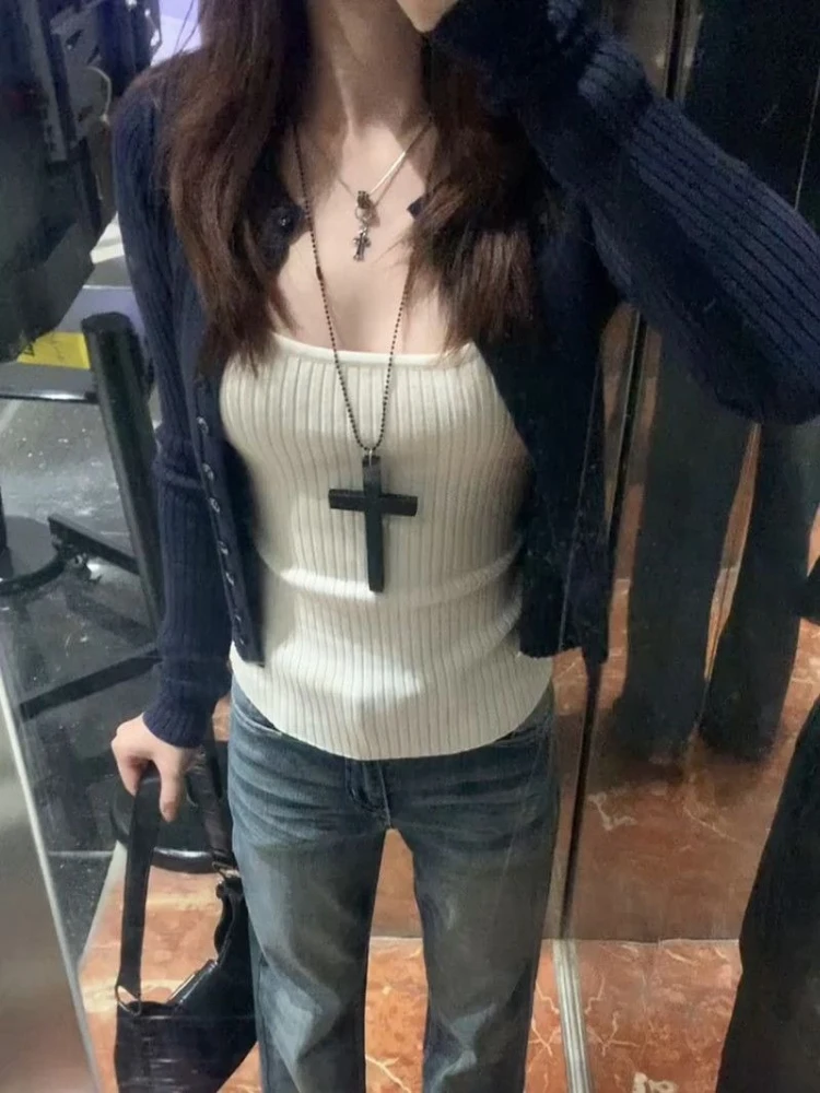 Y2k Harajuku Hot Girl Slim Autumn 2 Piece Sets 2000s American Vintage Sexy Matching Sets Solid Camis + Jumpers Cardigan Chic
