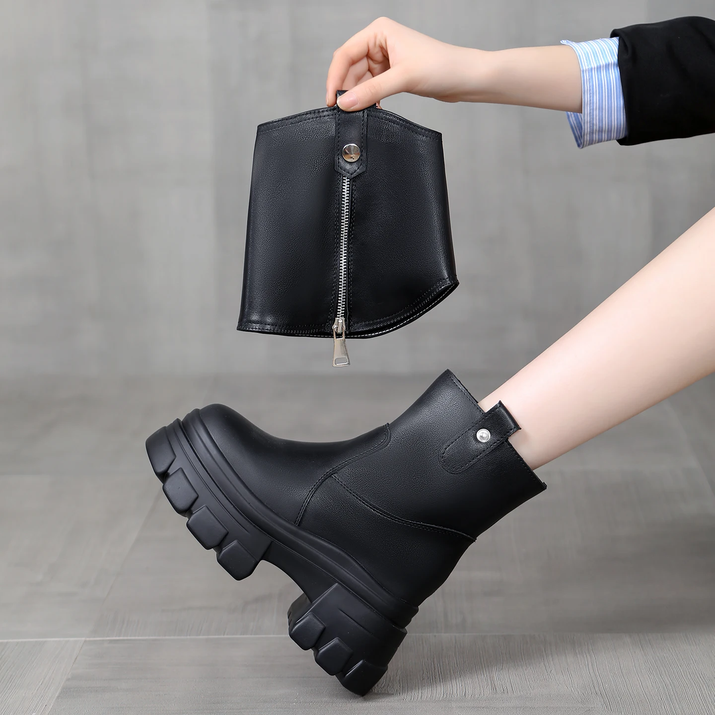 سميكة وحيد إسفين كعب الأحذية النسائية 12 سنتيمتر الارتفاع المخفي زيادة شتاء دافئ اصطف منصة الجوارب حذاء كاجوال نمط جديد