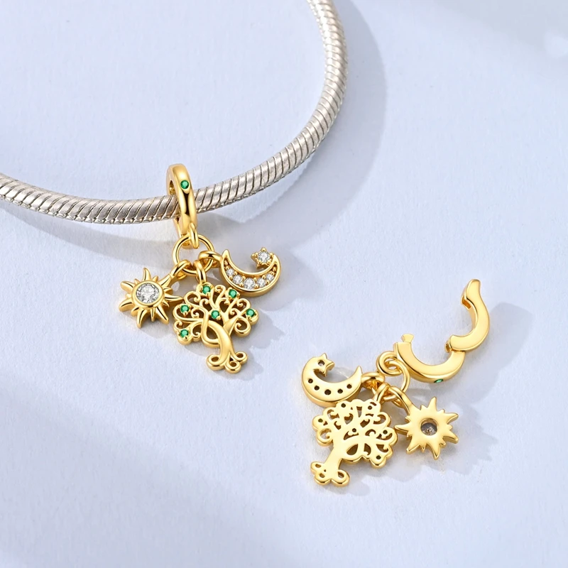 Sun Moon Tree of Life Dangle Charm 925 Sterling Silver Clasp Pendant Eternal Life Light Blessing Fit DIY Bracelet Jewelry Gift