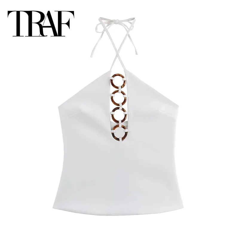 TRAF White Halter Top Female Cut Out Crop Tops Women 2024 Off Shoulder Sleeveless Backless Top Woman Fitted Summer Sexy Tops