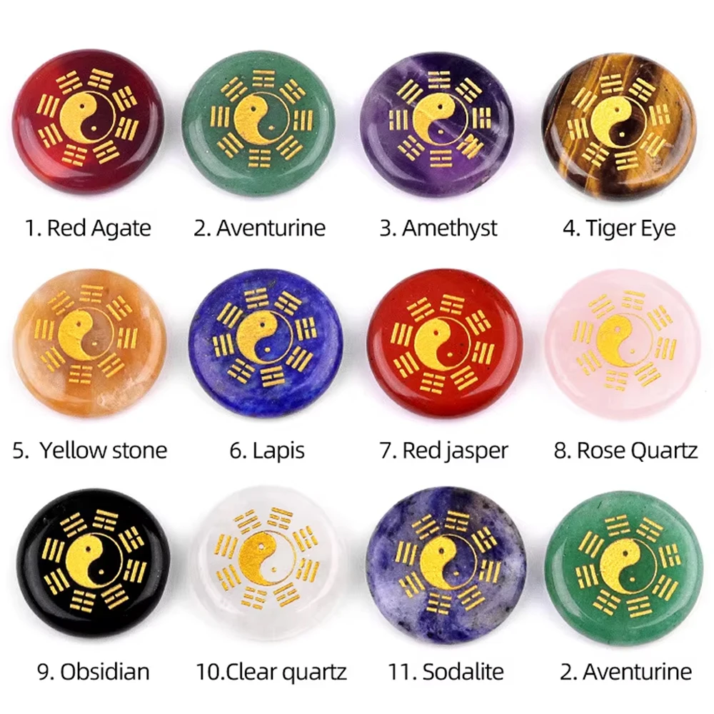 25mm Natural Crystal Stone Ornaments Round Amethyst Quartz Healing Energy Carving Taoist Yin Yang Eight Trigrams Tai Chi Diagram