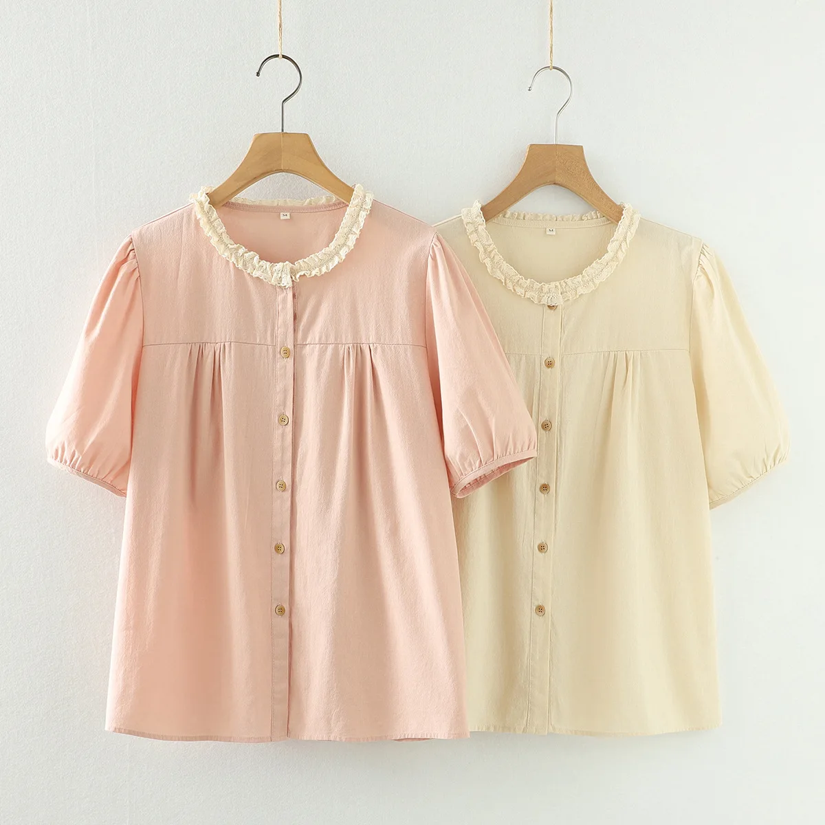 Summer Sweet Mori Girl Ruffles O-Neck Cotton Shirt Women Korean Fashion Kawaii Cute Short Sleeve Single Breasted Blouse Tops