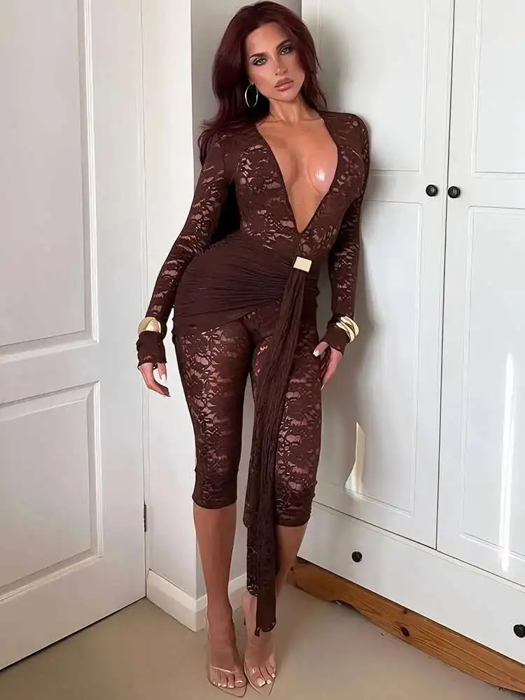 

Absobe Deep V Neck Lace Jumpsuits For Women Long Sleeve See Through Ruched Bodycon Knee Length Rompers Party One-piece Jumpsuit