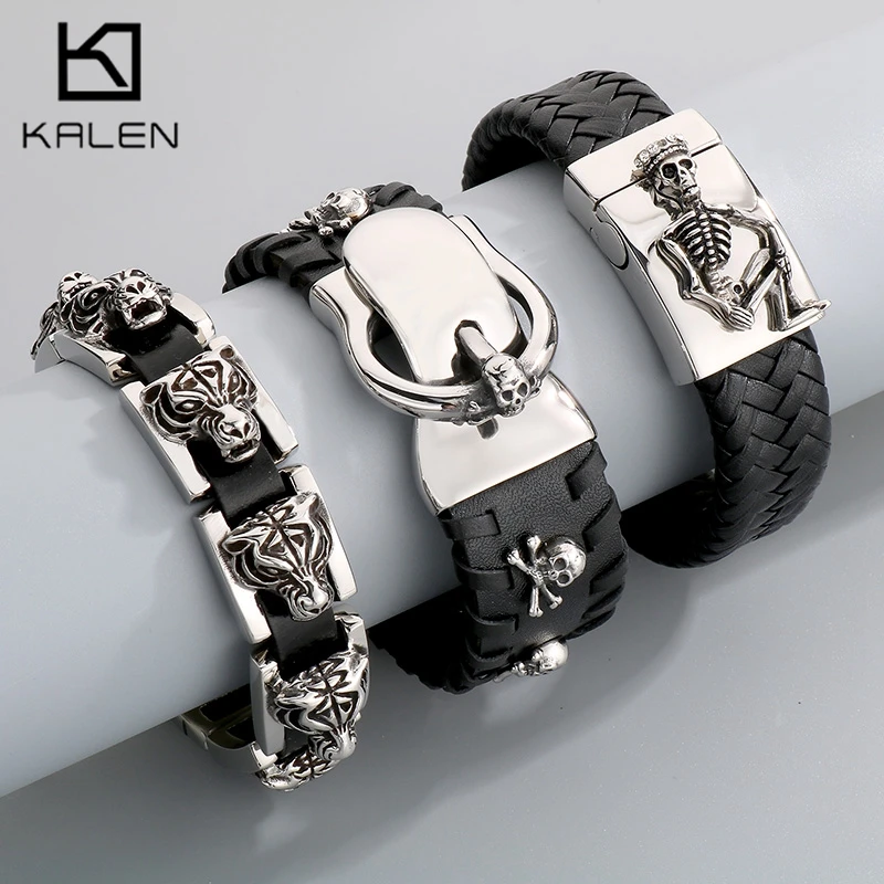 

Personalized Cowhide Leather Men's Bracelet Vintage Stainless Steel Large Bracelet Domineering Party Jewelry Gifts Wholesale