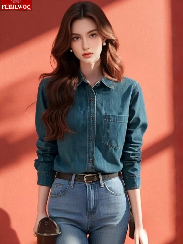 

Джинсовые топы в европейском стиле ретро, свободная верхняя одежда, новогодняя весна, женские повседневные джинсовые рубашки с длинным рукавом и воротником-стойкой, синие джинсовые рубашки