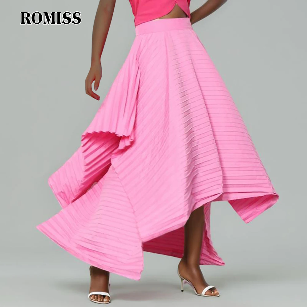 

ROMISS Solid Asymmetrical Hem Skirt For Women High Waist Loose Midi Skirts Female Korean Pleated Summer Clothing Style New