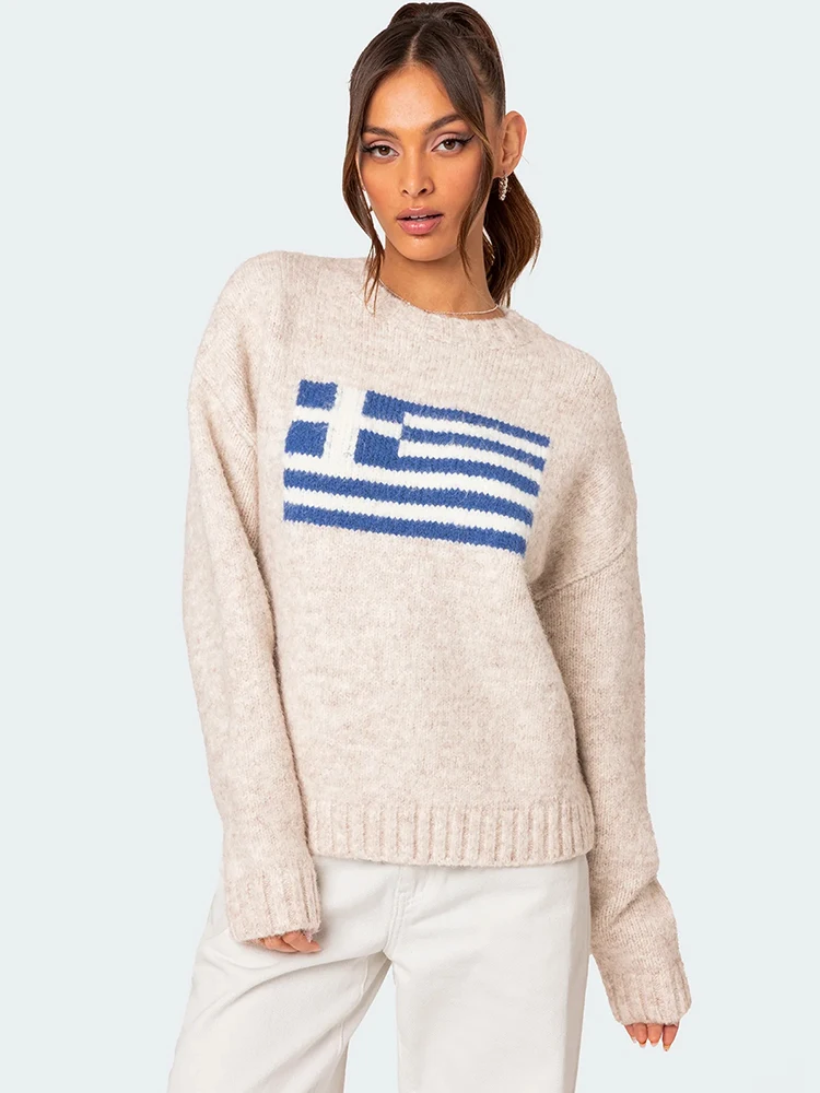 

Harajuku Hip Hop Knitted Men's Women's Sweater Fashio FLAG GIRL Pattern Printing Loose Tops Casual Streetwear Pullover 2024