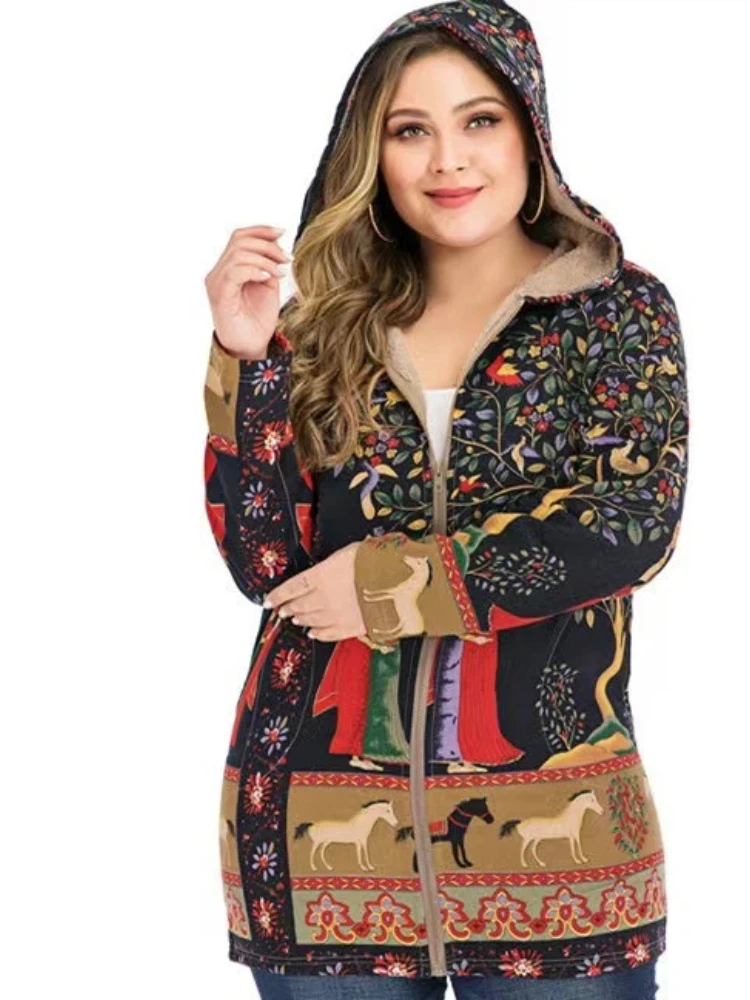 

Ladies' hooded cardigan, cotton and linen coat, casual printed button long-sleeved wool-lined warm coat for autumn and winter