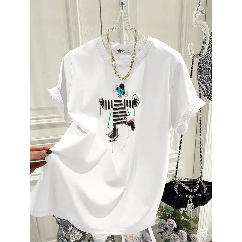 Women Clothing Chic Hand-Painted Cartoon Print Tshirt Summer Pure Cotton O-neck Short Sleeve Basic Top Tee Casual Loose Pullover