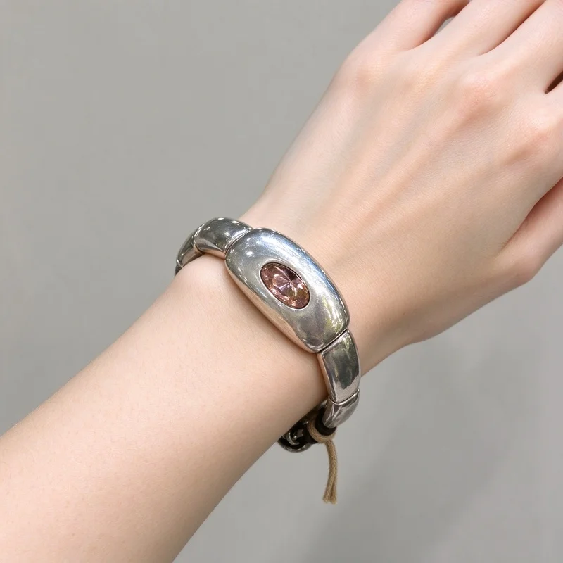 Silver Block Beaded Bracelet for Women Rectangle Metal Beads Oval Cut Gemstone Elastic Bangle Adjustable Jewelry Minimalist Modern Design Gift for Her Daily Wear Office Party High Quality Alloy Polished Finish Hypoallergenic Handcrafted Elegant Accessory