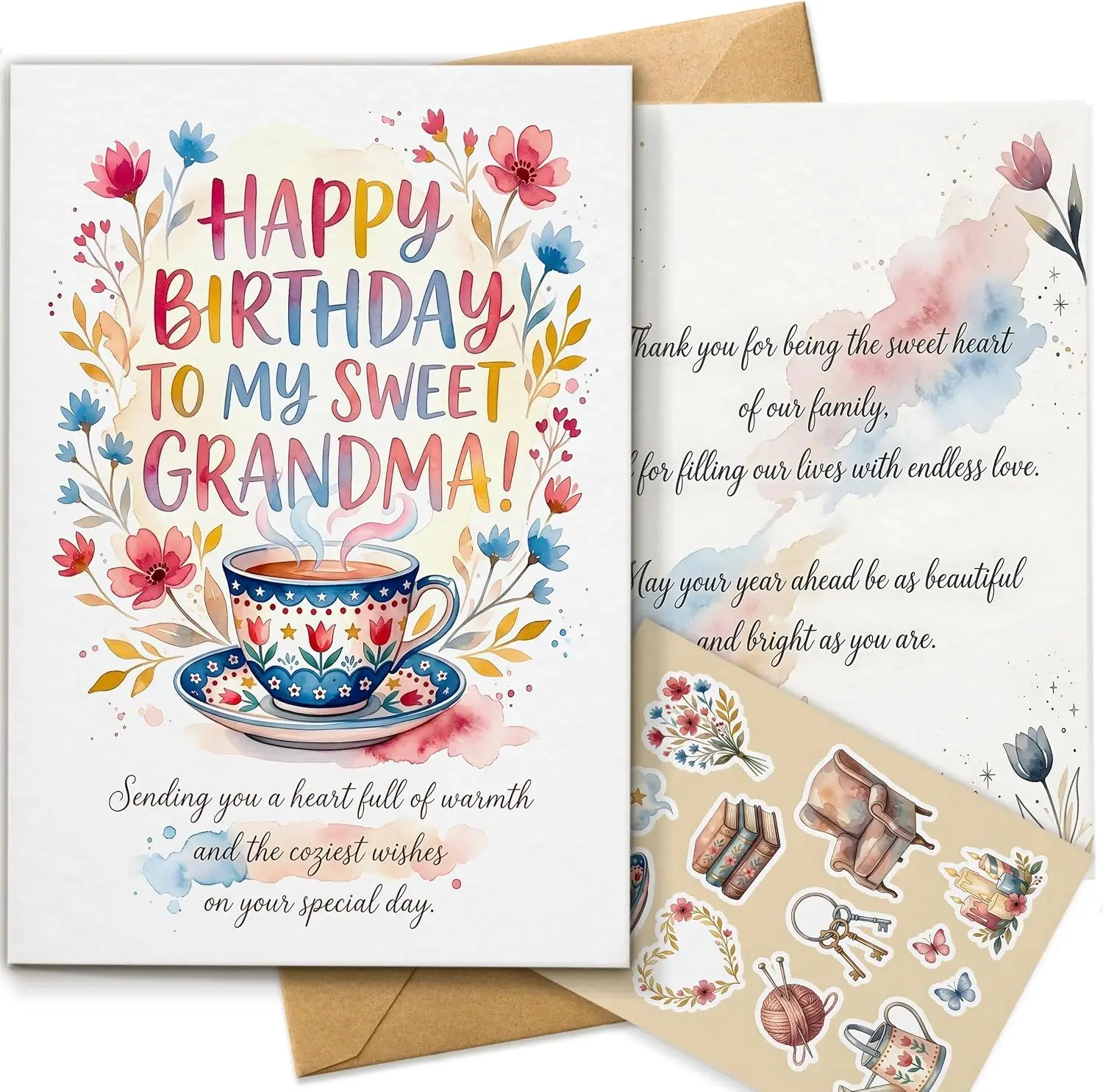 Happy Birthday Grandma Greeting Card, Cute Watercolor Floral Teacup Design for Grandmother Nana, Sweet Heartfelt Message, Standa