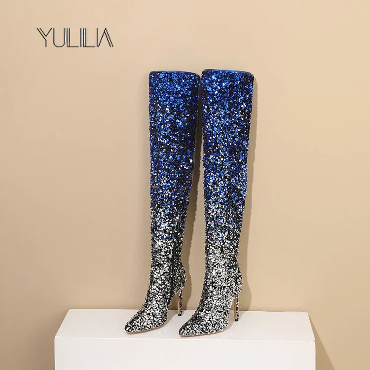 YULILIA Original Design New Italian Diamond Gradual Change Sequins Side Zipper Pointed Stiletto Over The Knee Boots Women Thigh