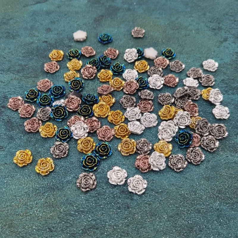 50pcs 14mm Flatback Undrilled Metallic Rose Flower Cabochons No Holes Resin Flat Back for Jewelry Making and Crafting DIY