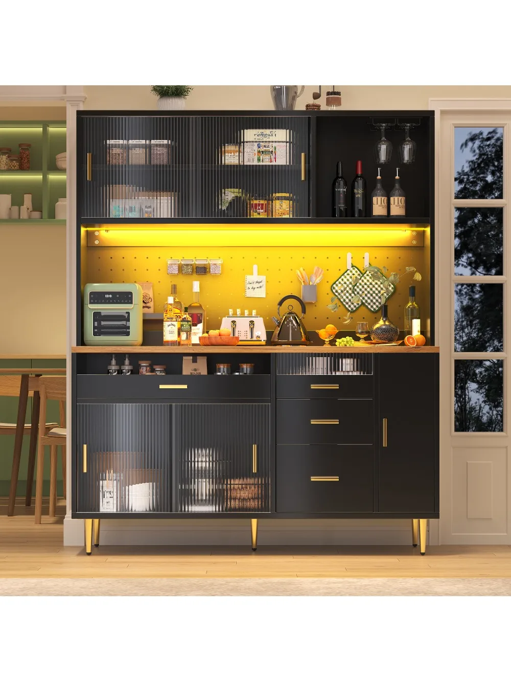 145×39×171cm hoge keukenkast voor woonkamer, eetkamerkast met LED-verlichting, dressoir met geperforeerde wandrekken - afbeelding 2