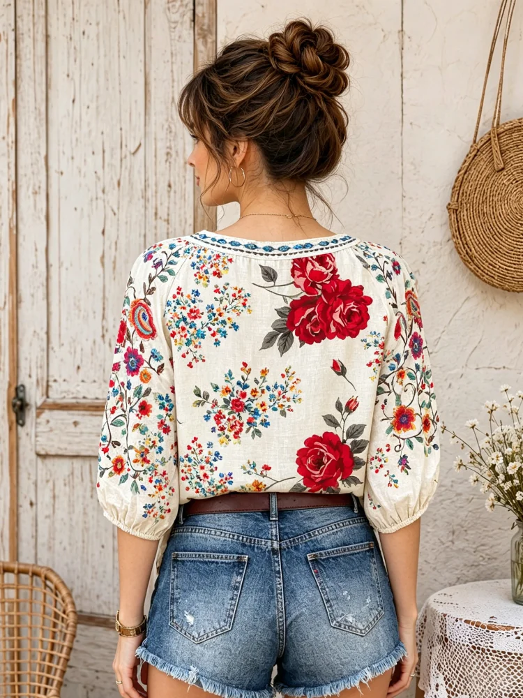 Women Red Rose Floral Print Peasant Blouse V Notch Neck Ethnic Embroidery Trim 3/4 Puff Sleeve Boho Summer Casual Top