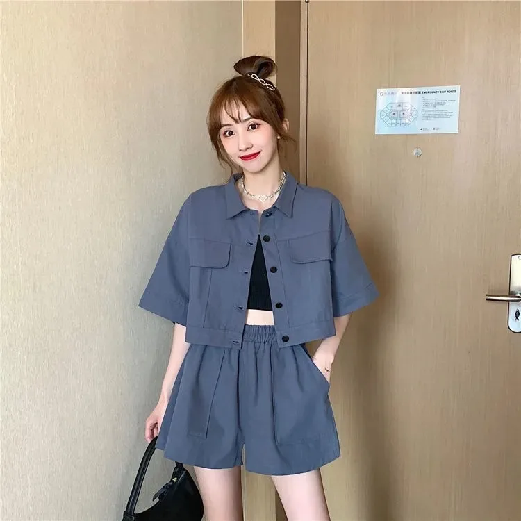 2024 여름 신상 여성 학생룩 와이드 레그 반바지 투피스 세트 트렌디 나일론 소재