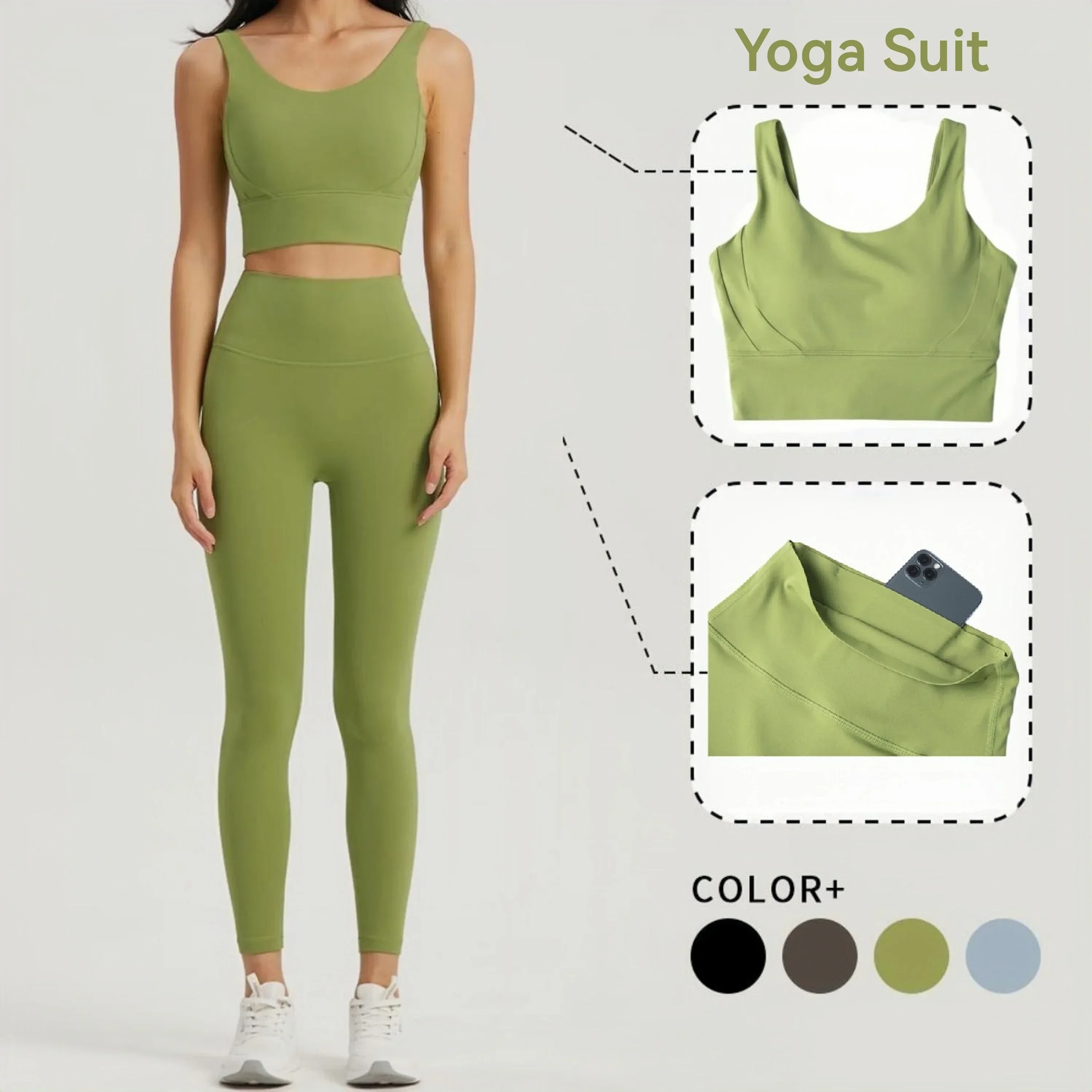 Seamless Yoga Set Women Lycra Gym Clothing Sports Bra Semi-Fixed Cups Workout Tops Anti Rolling Yoga Leggings with Pocket Tights