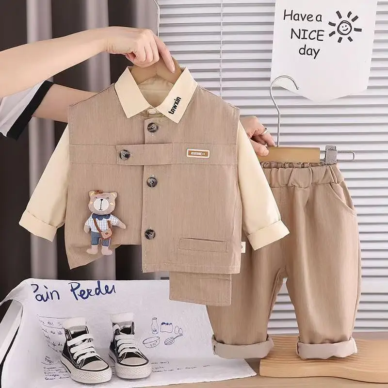 

Boys' Spring and Autumn Shirt Set 2026 New Style Children's Baby Handsome Casual Suit Vest Pants 3-Piece Set