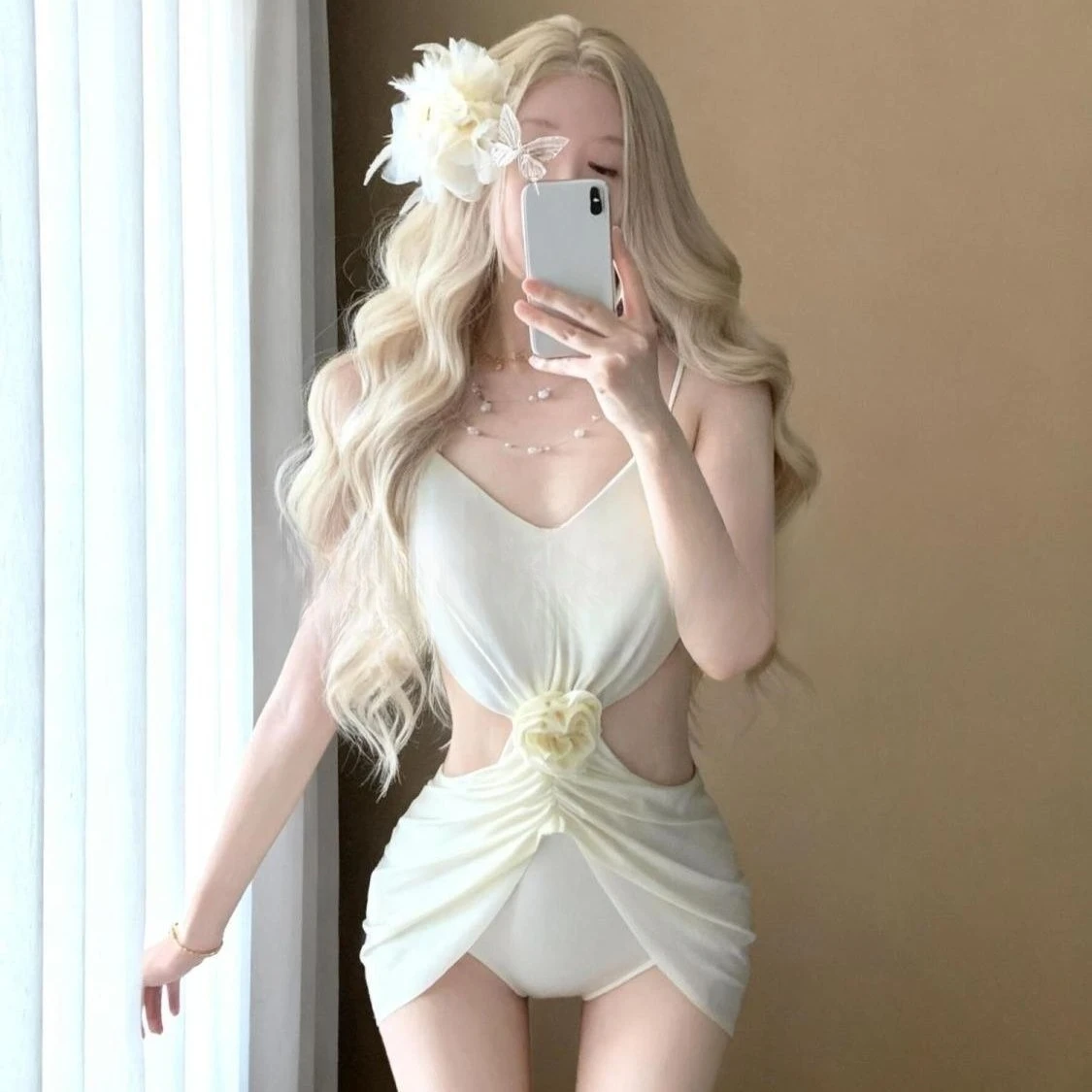 

Cream Floral Applique Cutout One Piece Swimsuit Women's Spaghetti Strap Ruched Skirted Bathing Suit Beach Pool Party Summer 2026