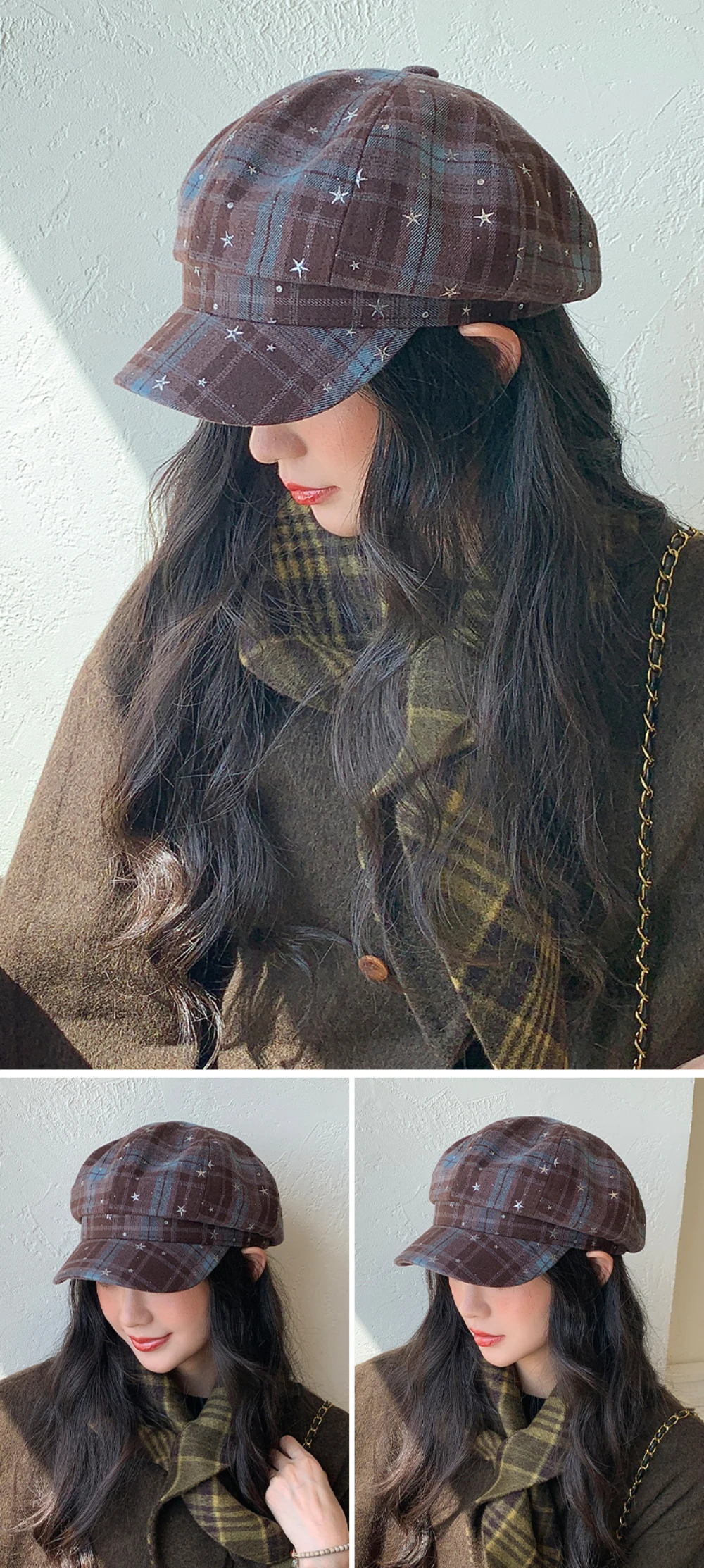 HT5147 Baskenmützen für Damen Frühling Herbst Newsboy-Mütze Damen Sternen-Karo-Künstler-Malermütze 2026 Neue Damen-Achteck-Baskenmütze – Detail 8