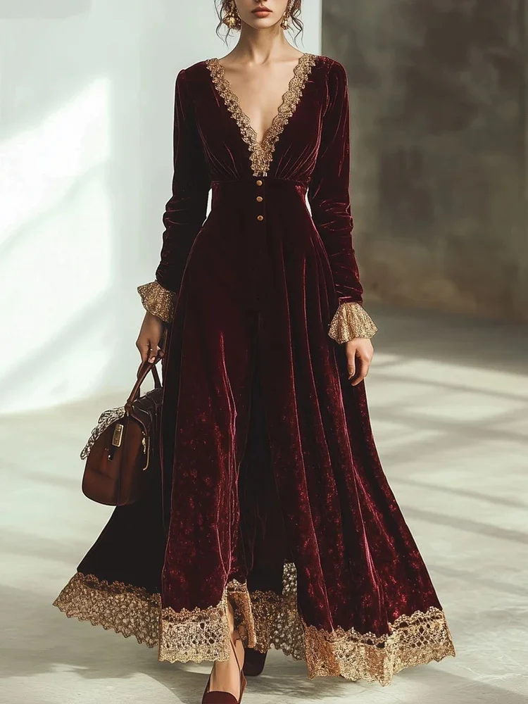 

Autumn Winter Velvet Dress for Women Solid Long Sleeves V Neck Button Lace Trim Maxi Dress Elegant Party Evening Dresses 2025