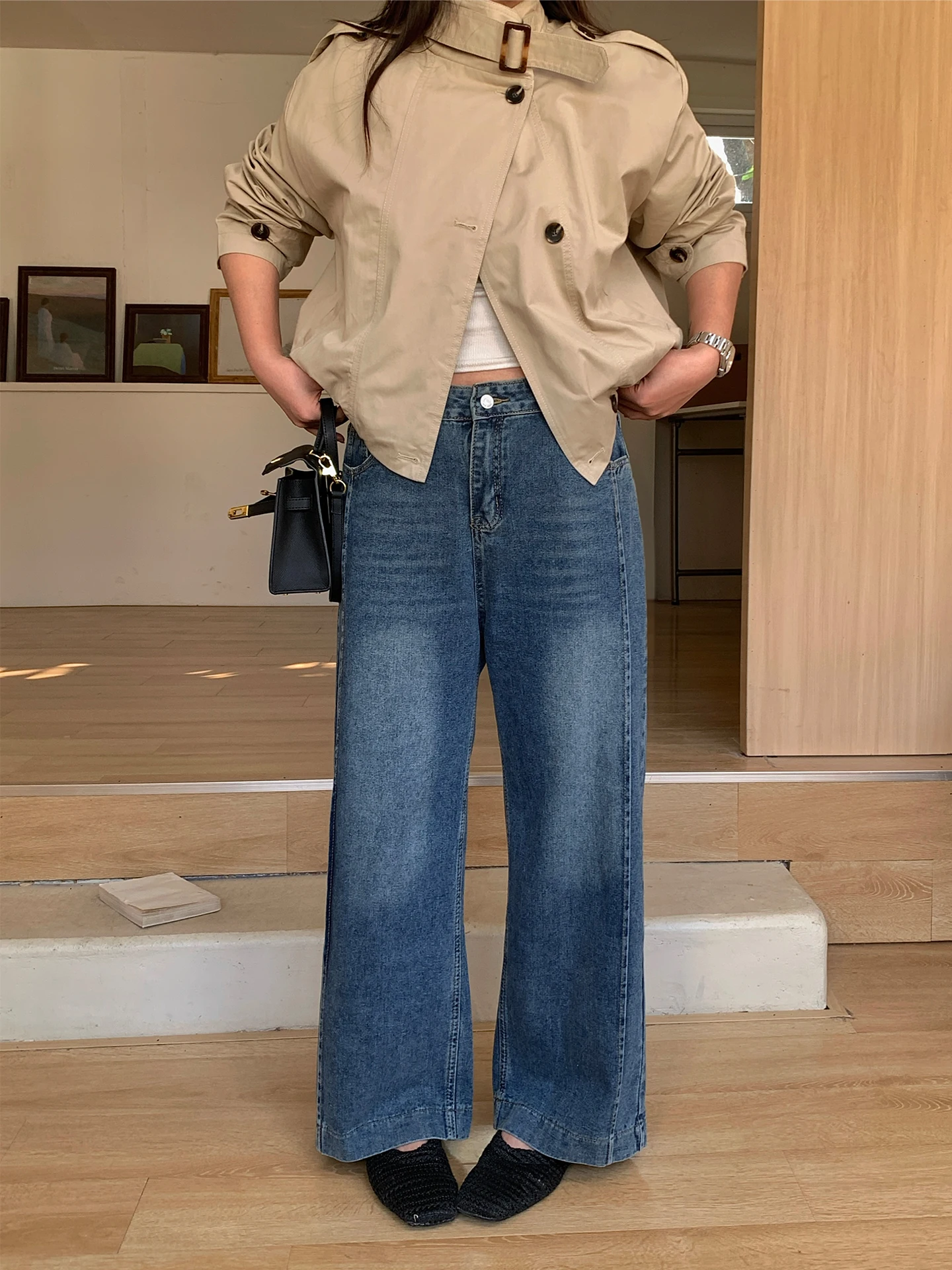 

Blue Straight Leg Jeans Women's plus Size Spring New Sle Slimming Wide Leg Loose Micro Fat Micro Flared Pants High Waist Co...