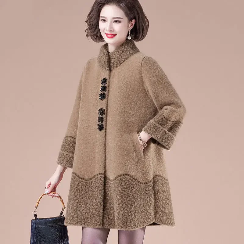 Winter Clothing Faux Mink Fleece Fleece Jacket Plus Size Fashion Women Stand Collar Warm Coat Warm Loose Long Overcoat E4162