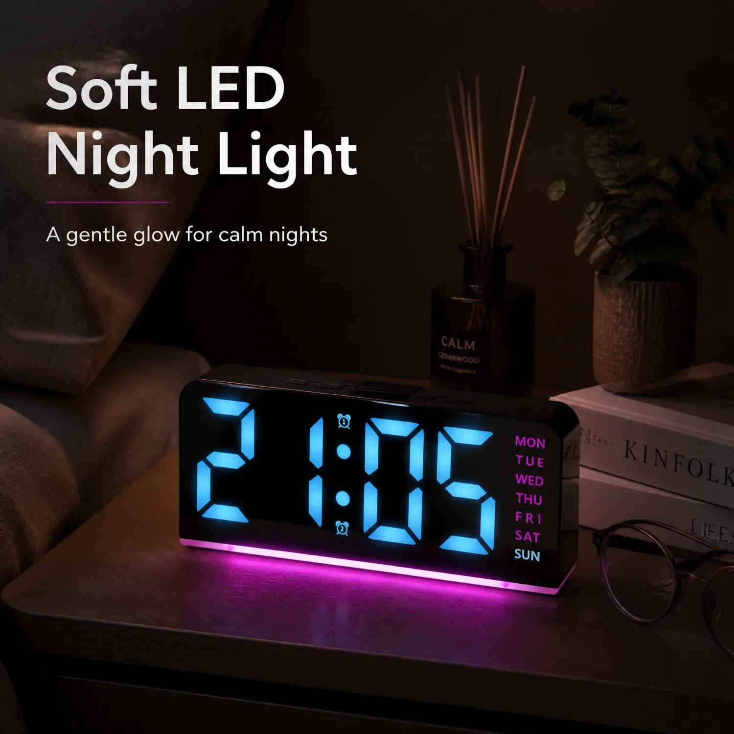 Digital Alarm Clock, Dual Alarm With Snooze & 3 Week Modes, Black Shell Pink Night Light, LED Clock With Dimmer, Time Date Week Temperature Display, Time Memory Ambient Clock For Bedroom Decor