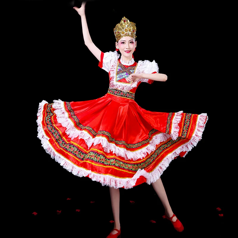 Czerwony rosyjski strój ludowy, europejska suknia pałacowa, kostium księżniczki, strój pokojówki, występ sceniczny, taniec otwierający, duża rozkloszowana spódnica