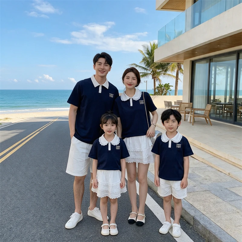 2026 Family Matching Outfits Mommy And Me Preppy Style Polo Tops Skirt Sets Vacation Casual Wear For Family