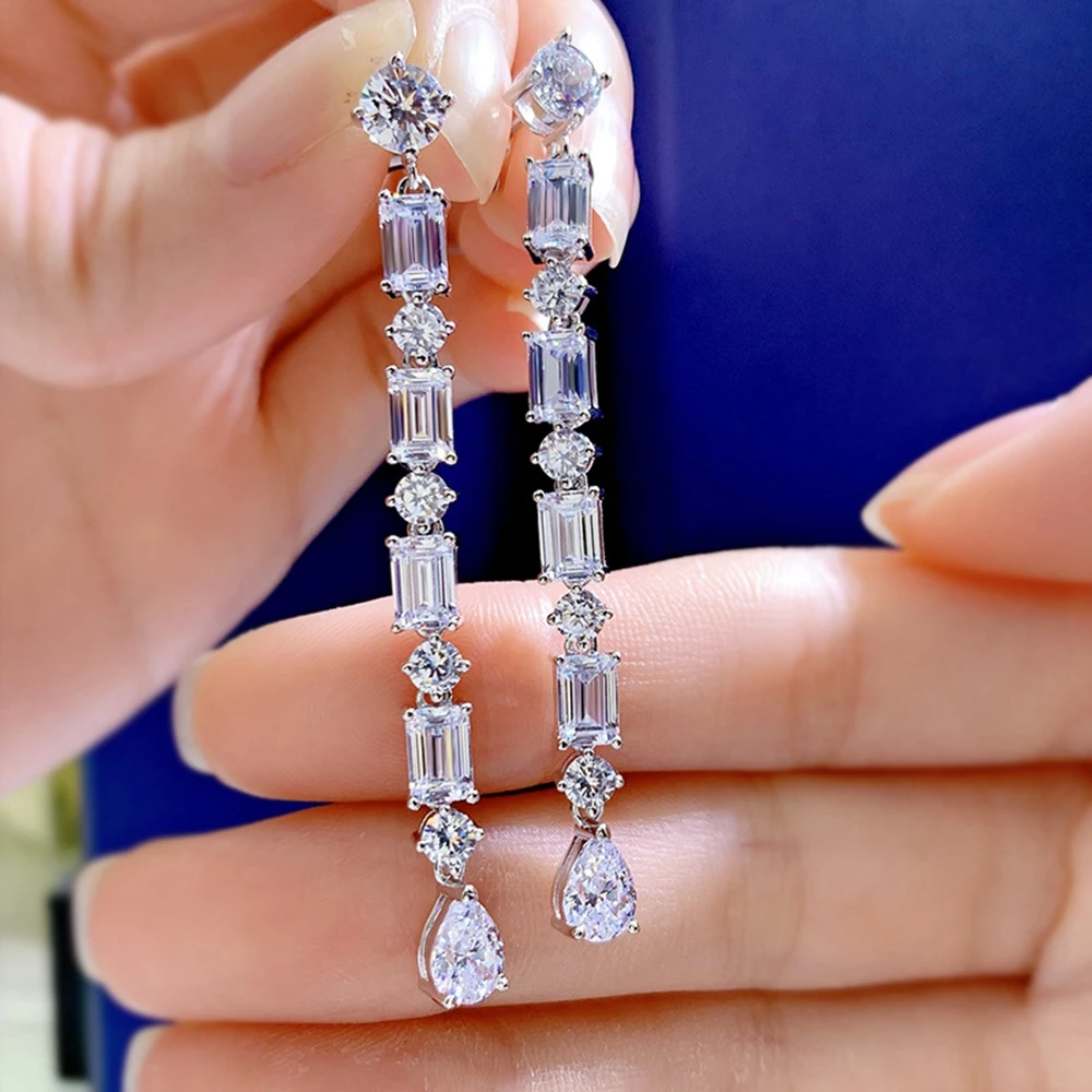 PuBang Fine Jewelry Real 925 Sterling Silver Sapphire Created Moissanite Tassel Drop Earrings for Women Party Gift Drop Shipping