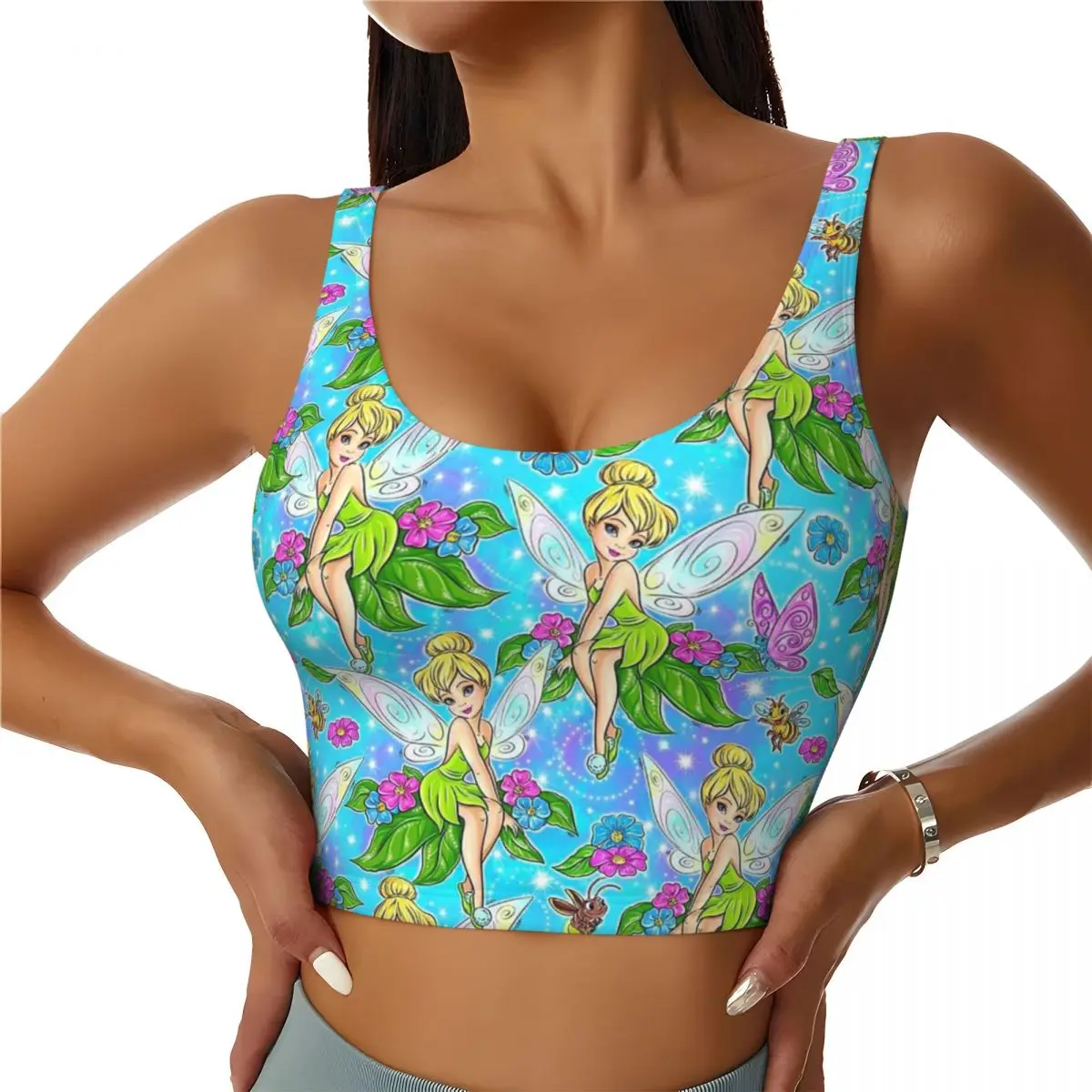 Custom New Tinkerbell Fairy Cartoons Workout Crop Tank Tops Women Seamless Running Yoga Sports Bras