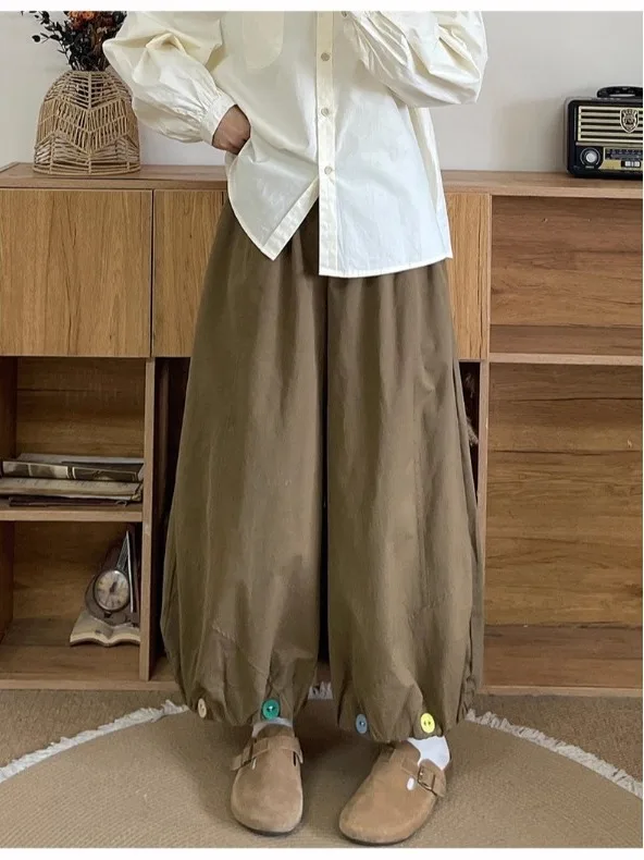 حجم كبير السراويل عالية الخصر واسعة الساق الخريف جديد Sle اللون الفني زر تصميم تنوعا التخسيس فانوس السراويل لون نقي