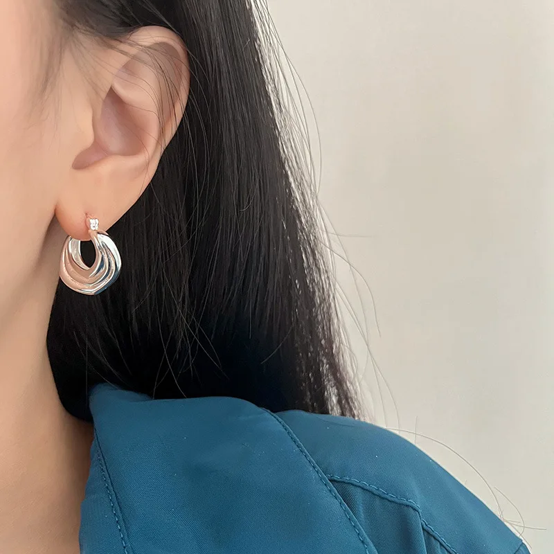 925 Sterling Silver Irregular Circles Geometric Hoop Earrings for Women Girls Piercing Jewelry Women\'s Party Wedding Pendiente